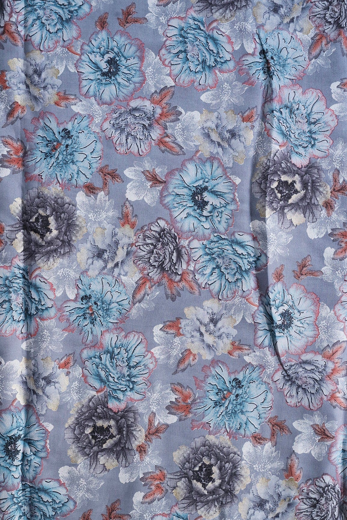 AIzaSyBcstauz-XMPRhEY21AUzeo032pxrXB5Ug - Grey And Blue Floral Print On Viscose Chanderi Silk Fabric