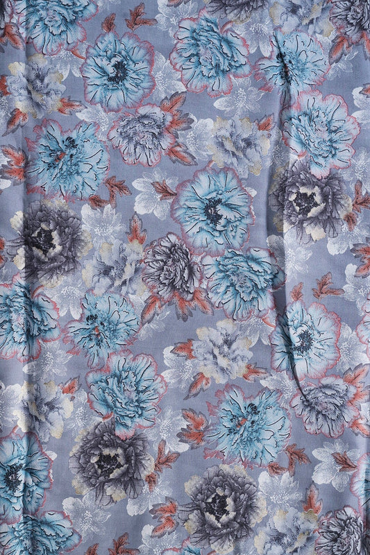 AIzaSyBcstauz-XMPRhEY21AUzeo032pxrXB5Ug - Grey And Blue Floral Print On Viscose Chanderi Silk Fabric