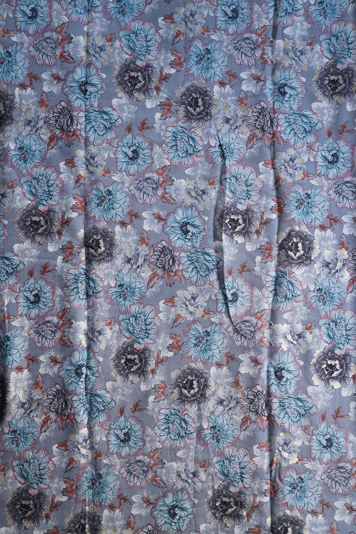 AIzaSyBcstauz-XMPRhEY21AUzeo032pxrXB5Ug - Grey And Blue Floral Print On Viscose Chanderi Silk Fabric