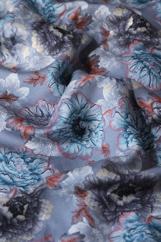 AIzaSyBcstauz-XMPRhEY21AUzeo032pxrXB5Ug - Grey And Blue Floral Print On Viscose Chanderi Silk Fabric