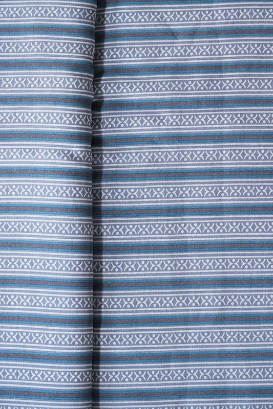 AIzaSyBcstauz-XMPRhEY21AUzeo032pxrXB5Ug - Grey And Blue Stripes Print On Viscose Chanderi Silk Fabric