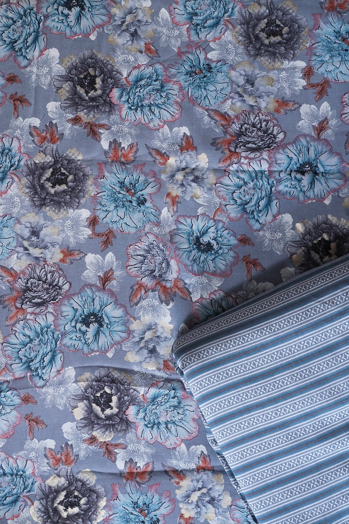 AIzaSyBcstauz-XMPRhEY21AUzeo032pxrXB5Ug - Grey And Blue Viscose Chanderi Silk Unstitched Suit (2 Piece)