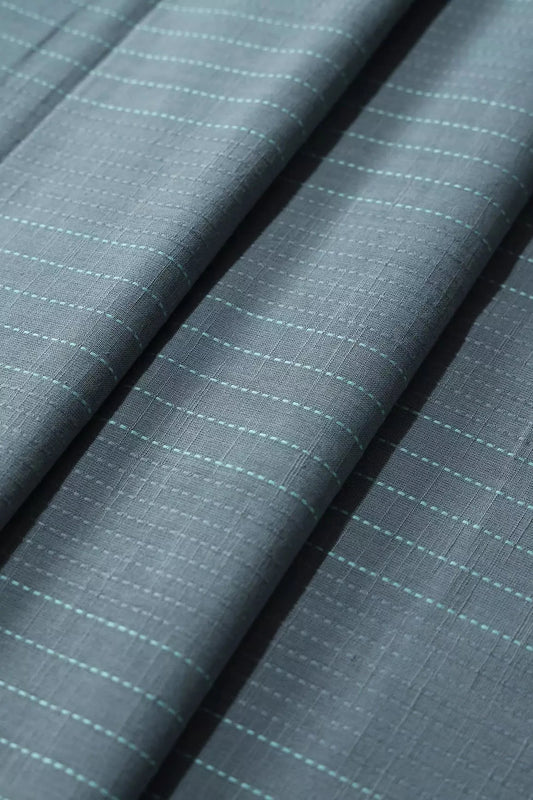 AIzaSyBcstauz-XMPRhEY21AUzeo032pxrXB5Ug - Grey And Teal Stripes Pattern On Handwoven Organic Cotton Fabric