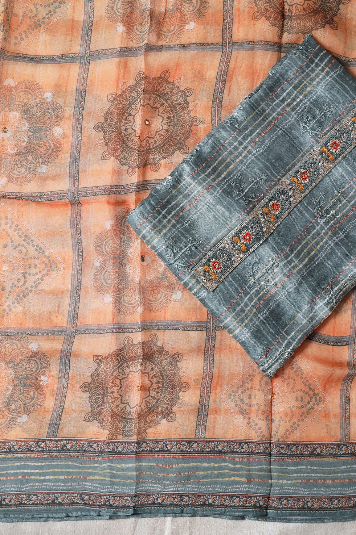 AIzaSyBcstauz-XMPRhEY21AUzeo032pxrXB5Ug - Grey Semi Stitched Pure Crepe Silk Suit Set (3 piece)