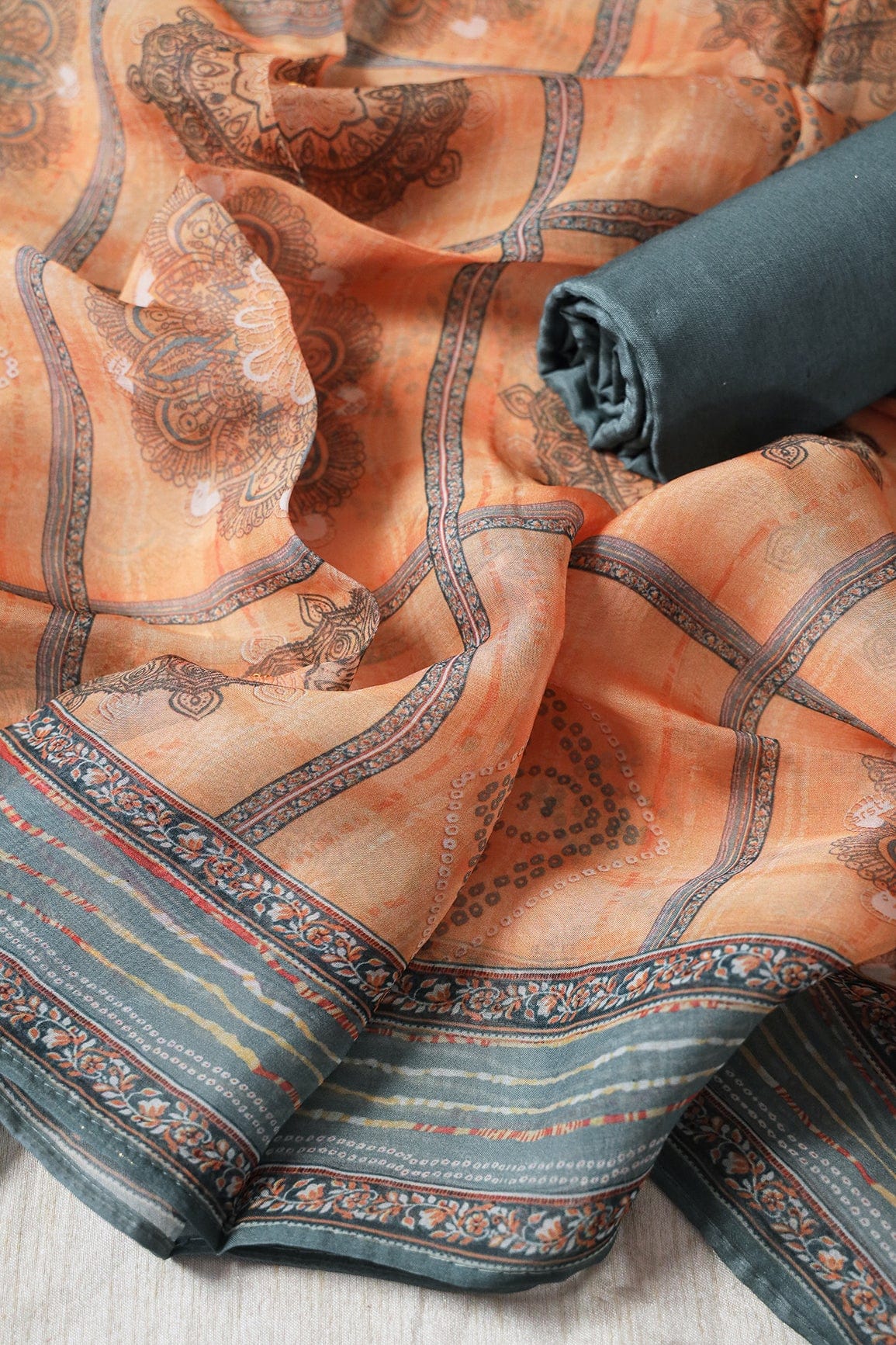 AIzaSyBcstauz-XMPRhEY21AUzeo032pxrXB5Ug - Grey Semi Stitched Pure Crepe Silk Suit Set (3 piece)