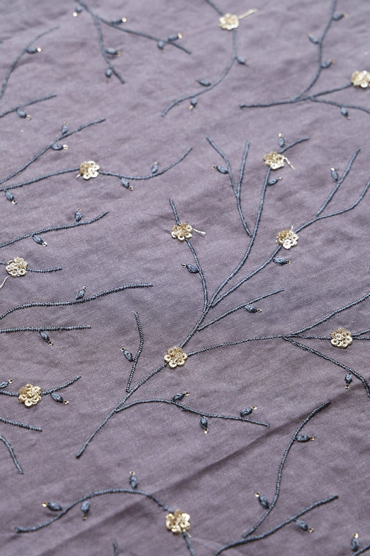 AIzaSyBcstauz-XMPRhEY21AUzeo032pxrXB5Ug - Grey Thread With Gold Sequins Beautiful Floral Embroidery On Grey Muslin Silk Fabric