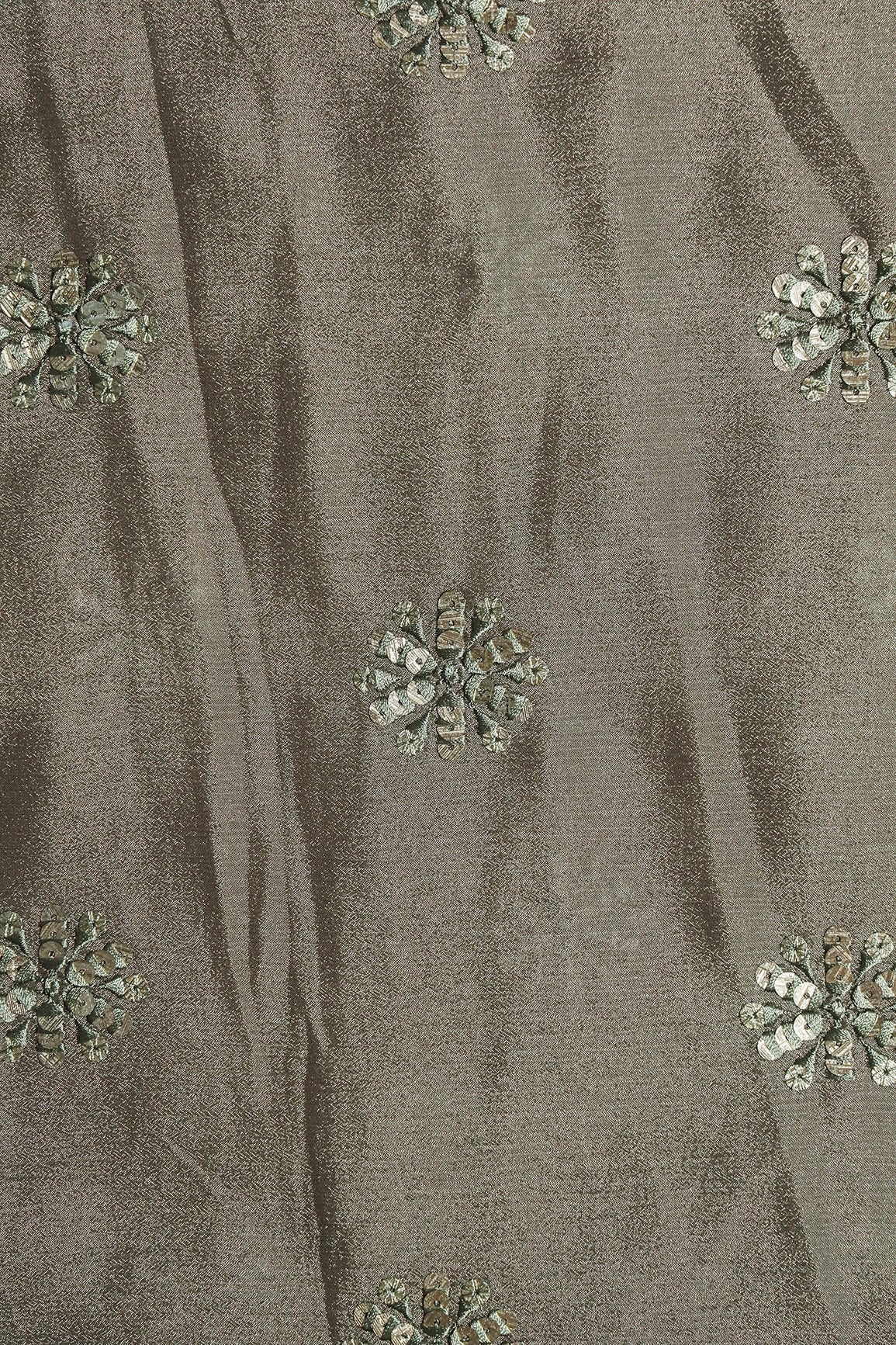 AIzaSyBcstauz-XMPRhEY21AUzeo032pxrXB5Ug - Grey Thread With Gold Sequins Floral Butta Embroidery Work On Stone Grey Chinnon Chiffon Fabric