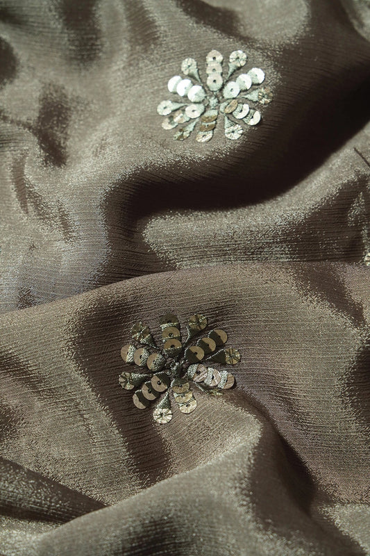 AIzaSyBcstauz-XMPRhEY21AUzeo032pxrXB5Ug - Grey Thread With Gold Sequins Floral Butta Embroidery Work On Stone Grey Chinnon Chiffon Fabric