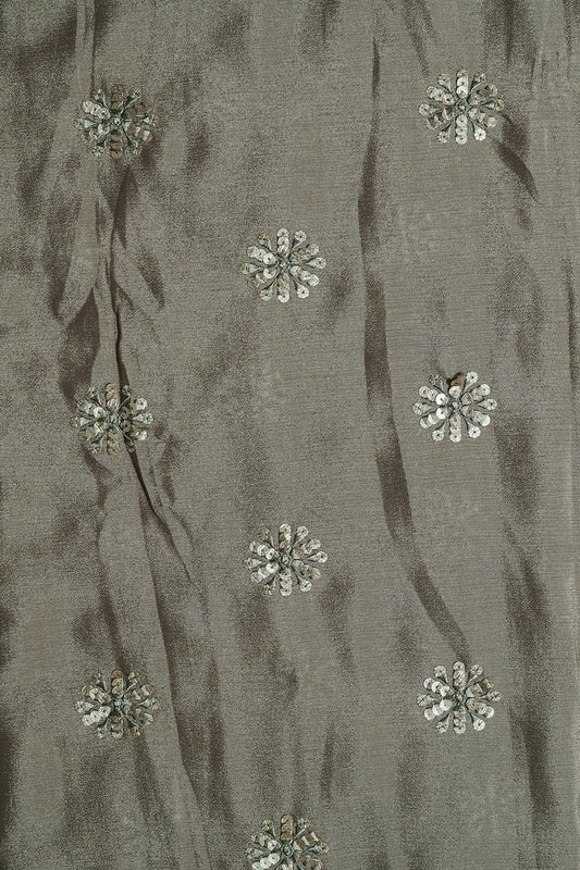 AIzaSyBcstauz-XMPRhEY21AUzeo032pxrXB5Ug - Grey Thread With Gold Sequins Floral Butta Embroidery Work On Stone Grey Chinnon Chiffon Fabric