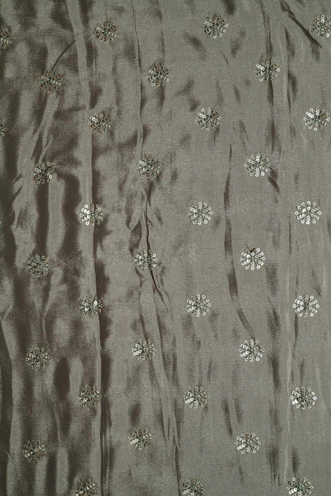 AIzaSyBcstauz-XMPRhEY21AUzeo032pxrXB5Ug - Grey Thread With Gold Sequins Floral Butta Embroidery Work On Stone Grey Chinnon Chiffon Fabric