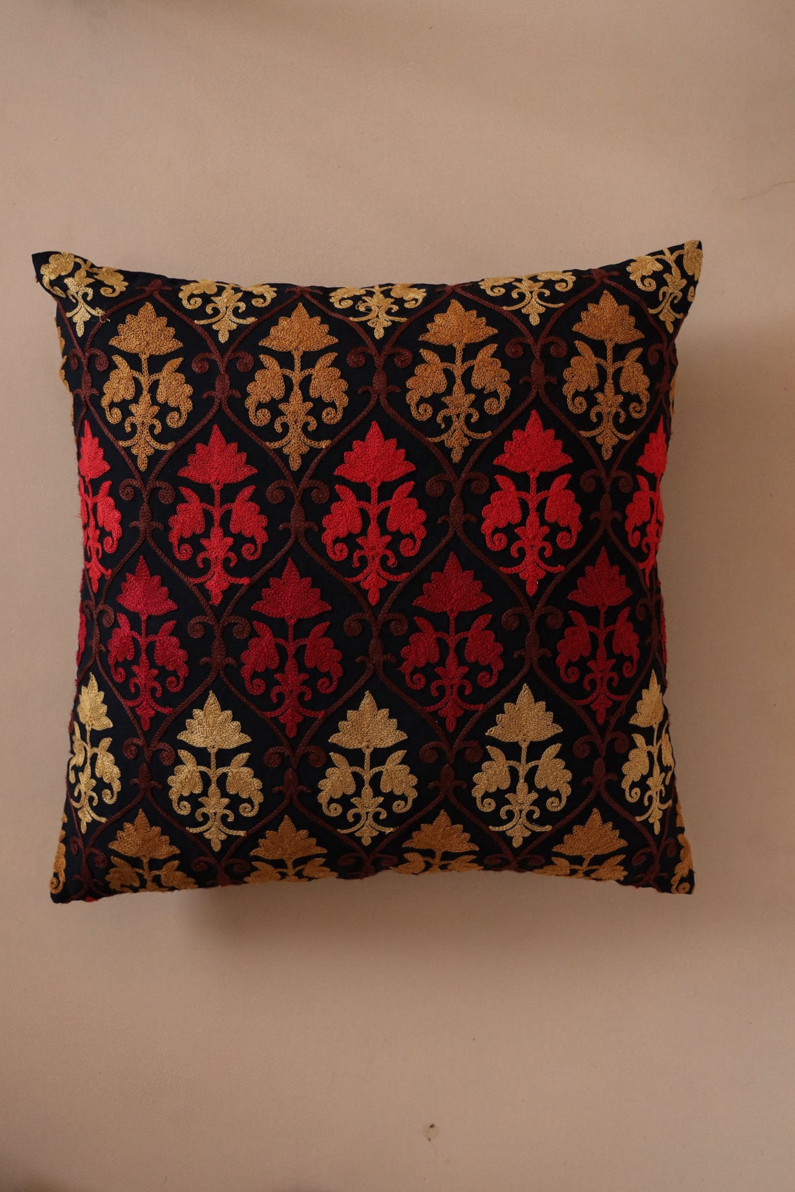 AIzaSyBcstauz-XMPRhEY21AUzeo032pxrXB5Ug - Heavy Artistic Embroidery on Black cotton Cushion Cover (16*16 inches)