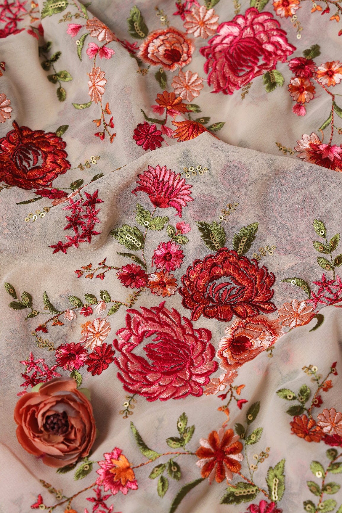 AIzaSyBcstauz-XMPRhEY21AUzeo032pxrXB5Ug - Heavy Kashmiri Work With Gold Sequins Embroidery On Beige Georgette Fabric