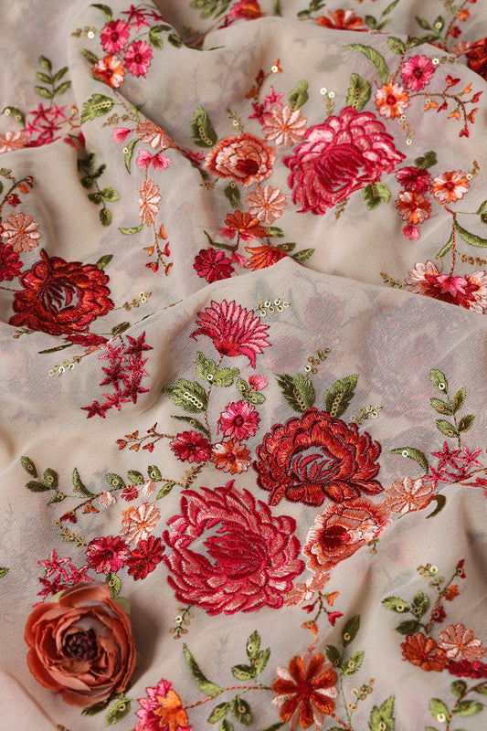 AIzaSyBcstauz-XMPRhEY21AUzeo032pxrXB5Ug - Heavy Kashmiri Work With Gold Sequins Embroidery On Beige Georgette Fabric