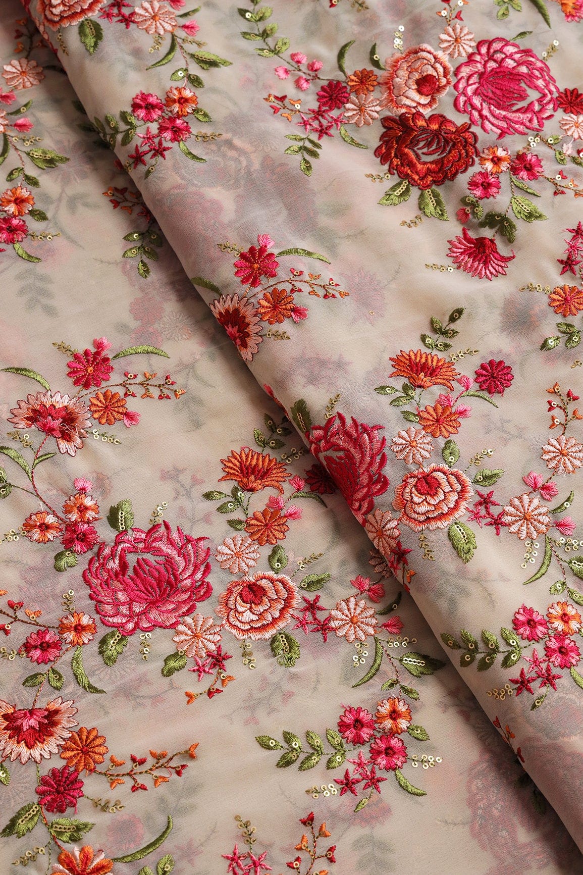 AIzaSyBcstauz-XMPRhEY21AUzeo032pxrXB5Ug - Heavy Kashmiri Work With Gold Sequins Embroidery On Beige Georgette Fabric