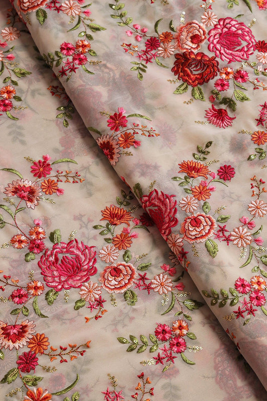 AIzaSyBcstauz-XMPRhEY21AUzeo032pxrXB5Ug - Heavy Kashmiri Work With Gold Sequins Embroidery On Beige Georgette Fabric