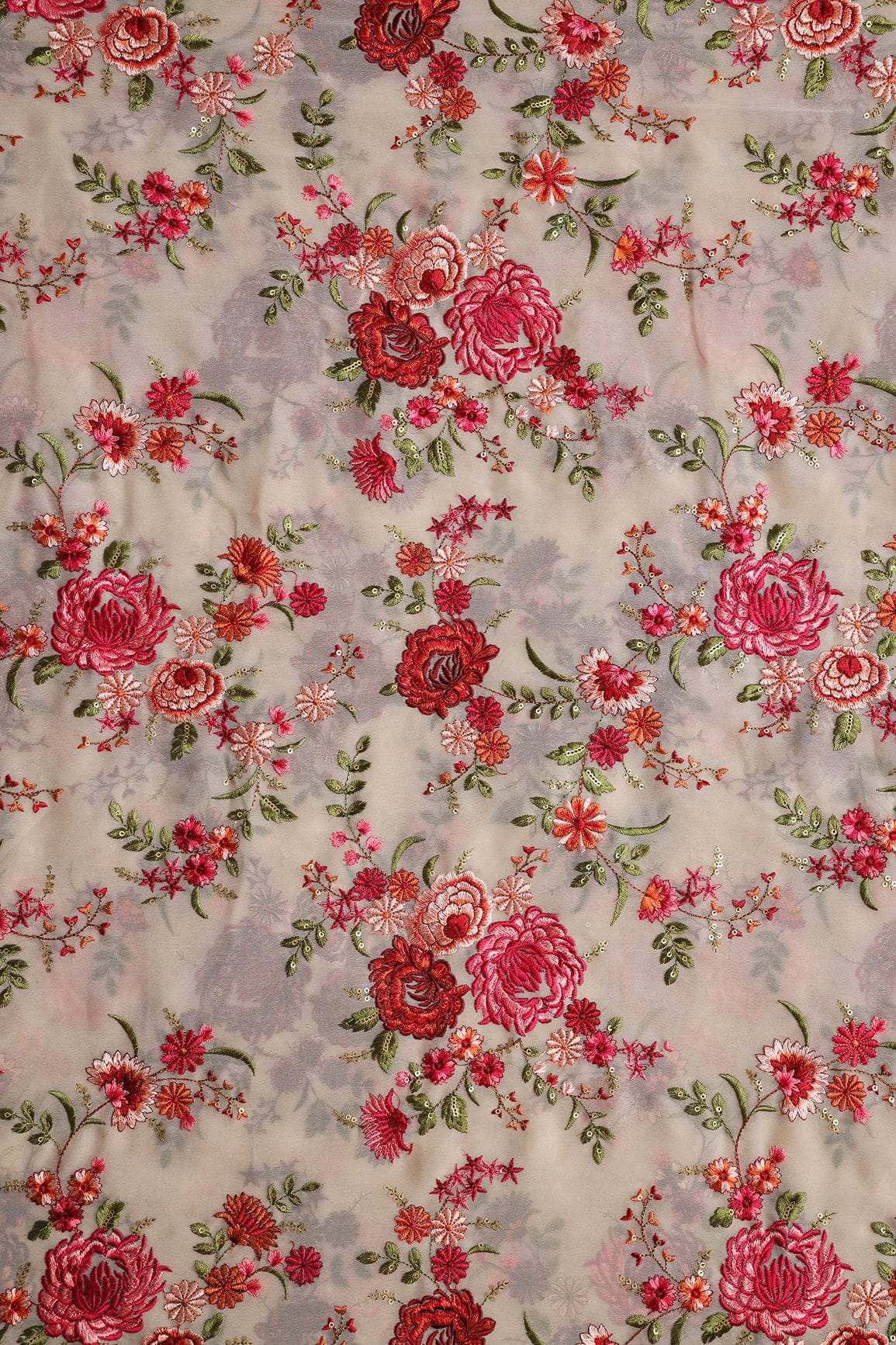 AIzaSyBcstauz-XMPRhEY21AUzeo032pxrXB5Ug - Heavy Kashmiri Work With Gold Sequins Embroidery On Beige Georgette Fabric