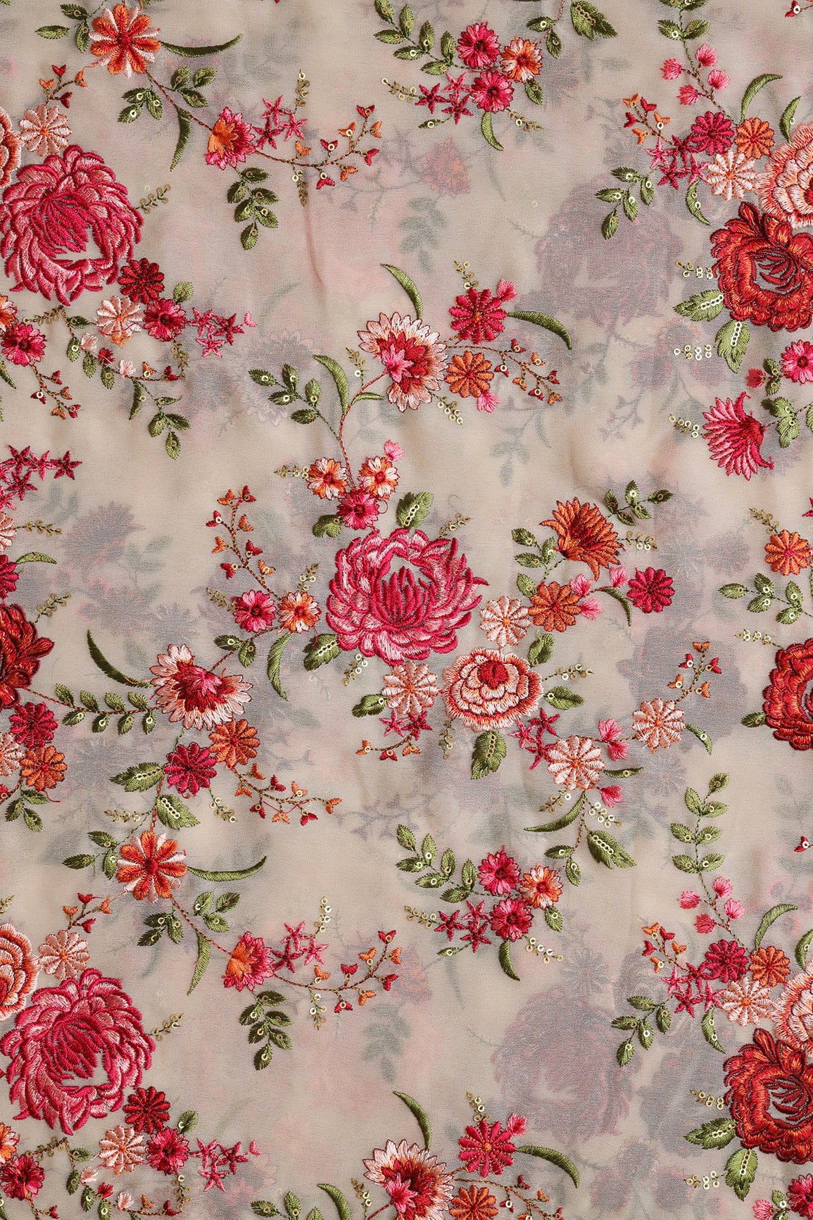 AIzaSyBcstauz-XMPRhEY21AUzeo032pxrXB5Ug - Heavy Kashmiri Work With Gold Sequins Embroidery On Beige Georgette Fabric