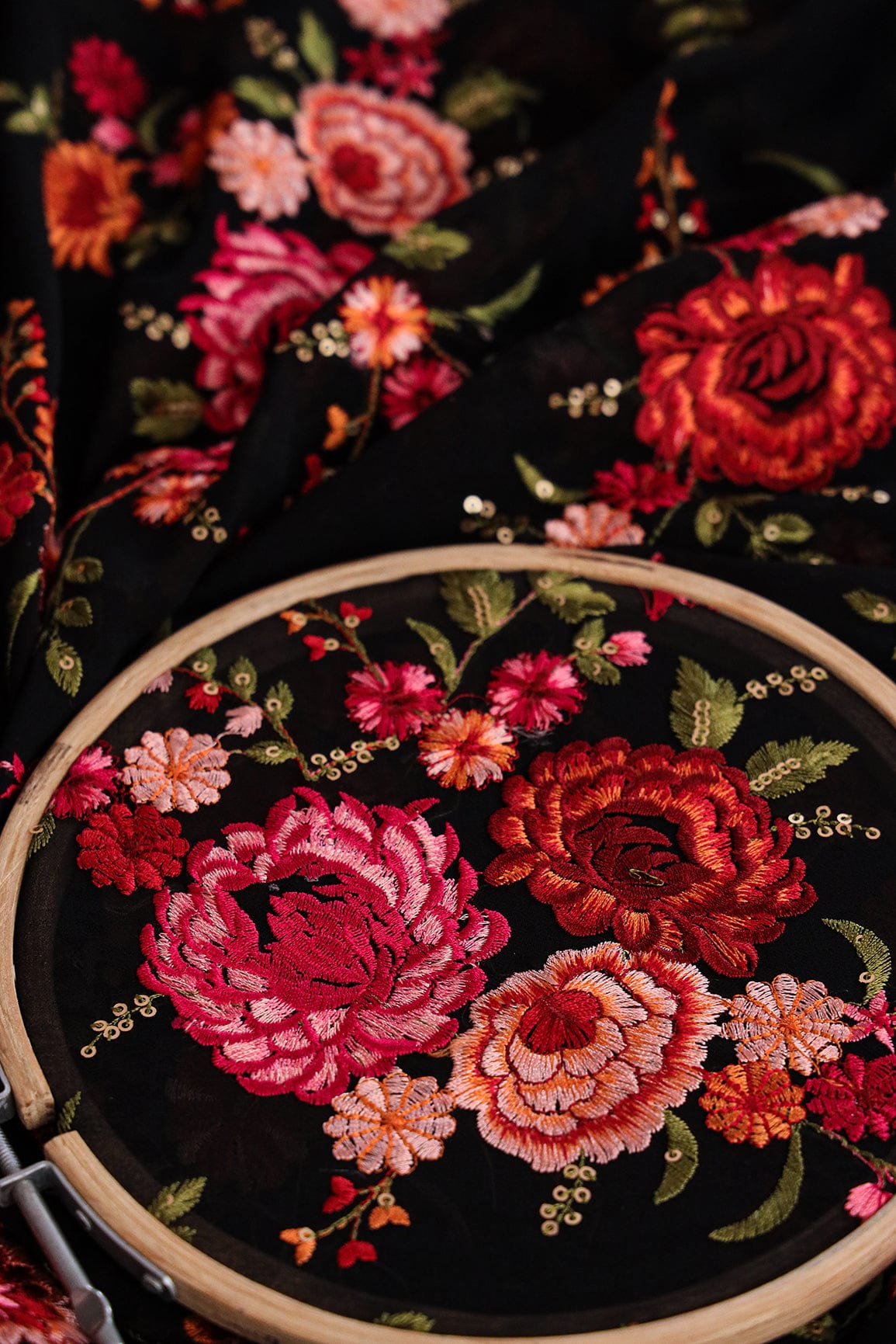 AIzaSyBcstauz-XMPRhEY21AUzeo032pxrXB5Ug - Heavy Kashmiri Work With Gold Sequins Embroidery On Black Georgette