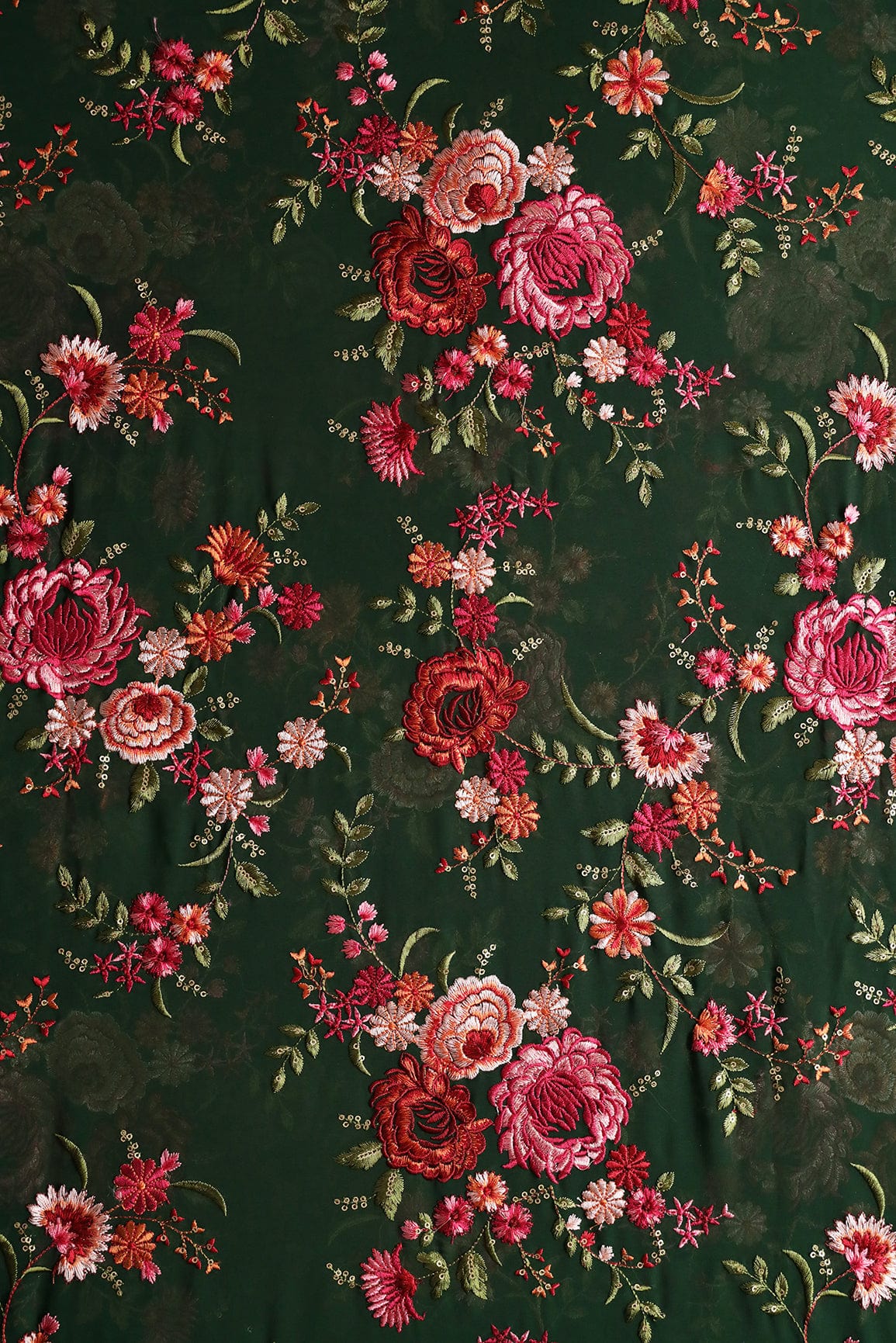 AIzaSyBcstauz-XMPRhEY21AUzeo032pxrXB5Ug - Heavy Kashmiri Work With Gold Sequins Embroidery On Bottle Green Georgette Fabric