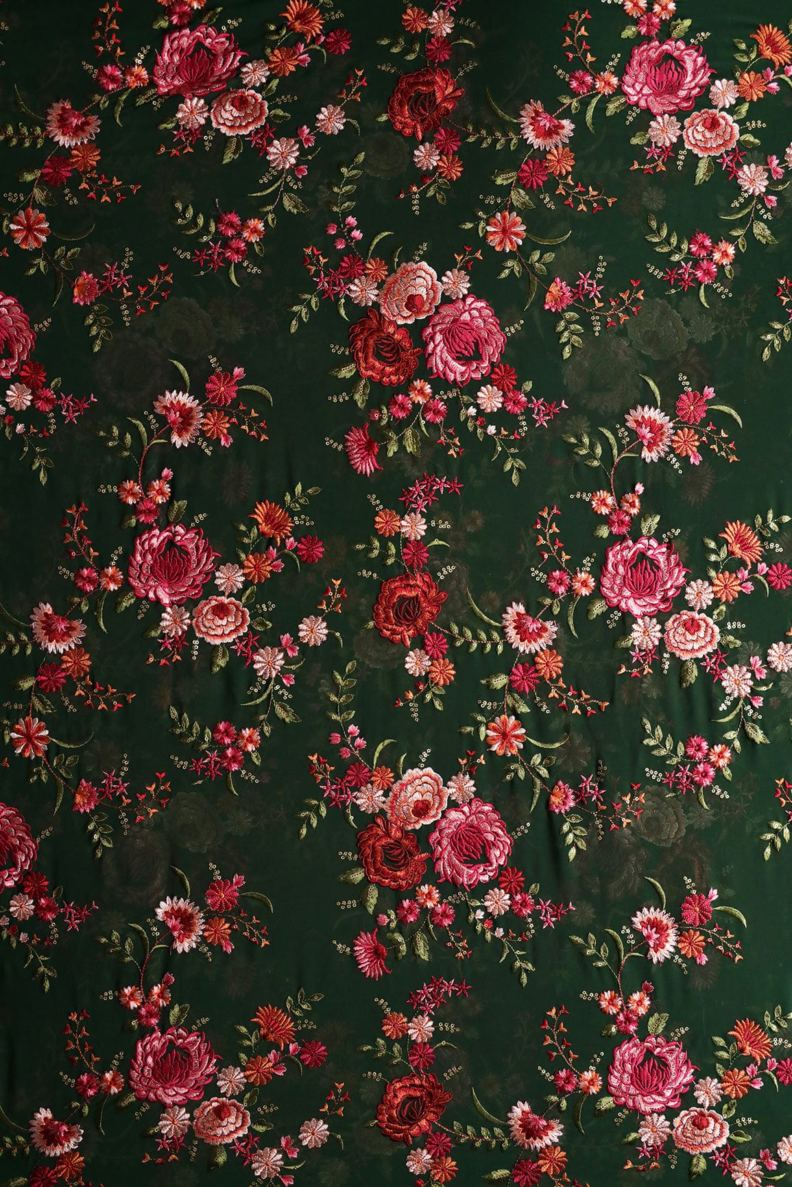 AIzaSyBcstauz-XMPRhEY21AUzeo032pxrXB5Ug - Heavy Kashmiri Work With Gold Sequins Embroidery On Bottle Green Georgette Fabric