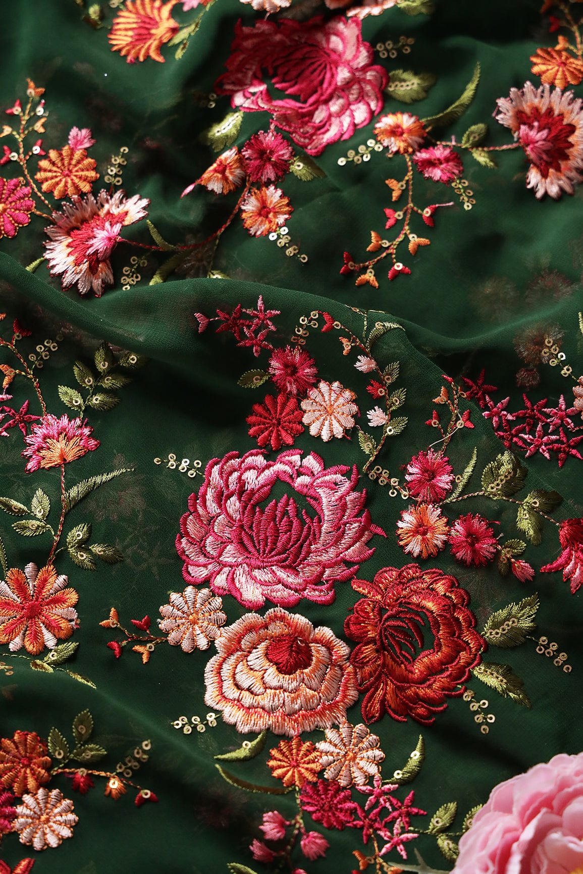 AIzaSyBcstauz-XMPRhEY21AUzeo032pxrXB5Ug - Heavy Kashmiri Work With Gold Sequins Embroidery On Bottle Green Georgette Fabric