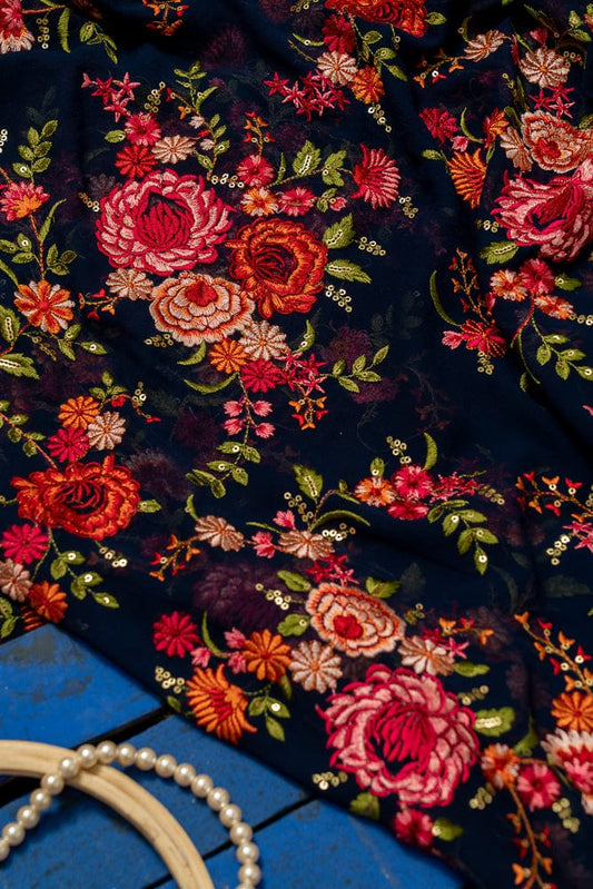 AIzaSyBcstauz-XMPRhEY21AUzeo032pxrXB5Ug - Heavy Kashmiri Work With Gold Sequins Embroidery On Navy Blue Georgette