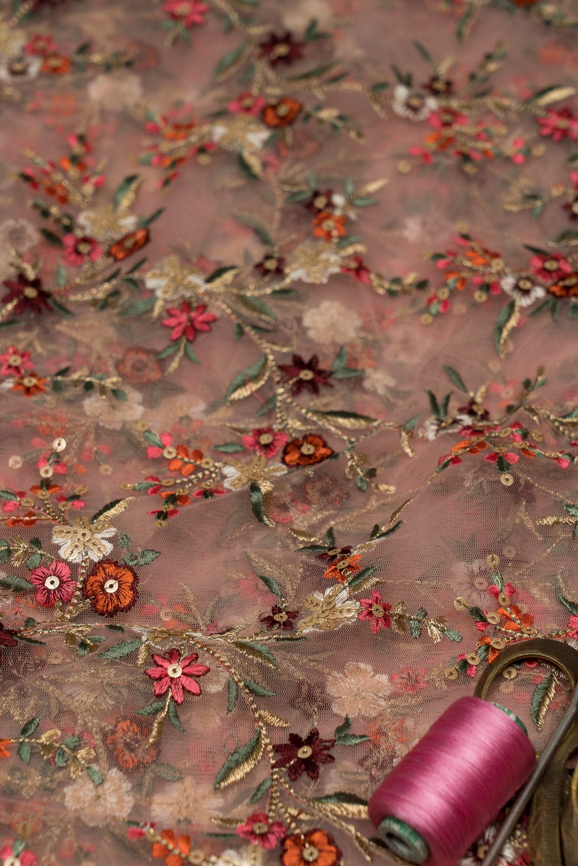 AIzaSyBcstauz-XMPRhEY21AUzeo032pxrXB5Ug - Heavy Multi Coloured Thread Embroidery On Baby Pink Soft Net