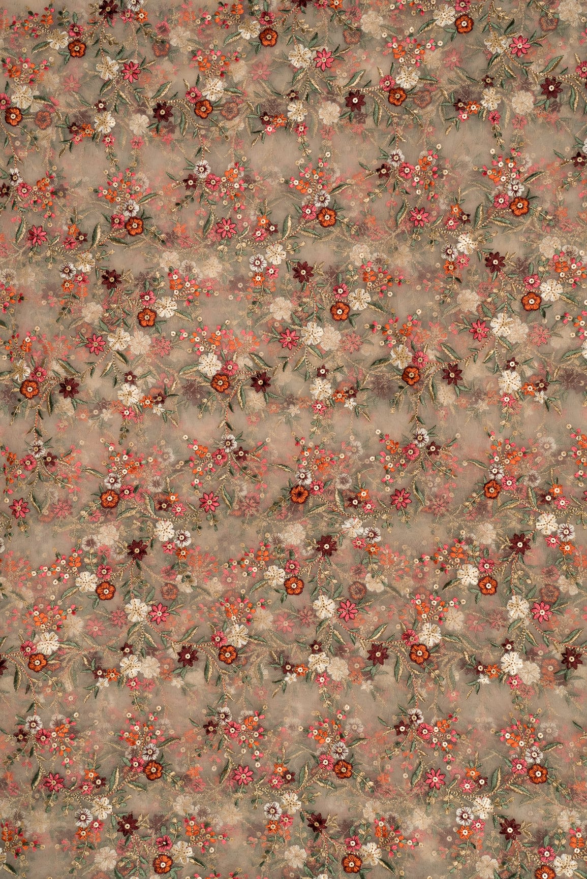 AIzaSyBcstauz-XMPRhEY21AUzeo032pxrXB5Ug - Heavy Multi Coloured Thread Embroidery On Peach Soft Net