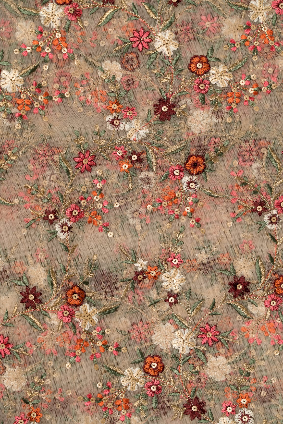 AIzaSyBcstauz-XMPRhEY21AUzeo032pxrXB5Ug - Heavy Multi Coloured Thread Embroidery On Peach Soft Net