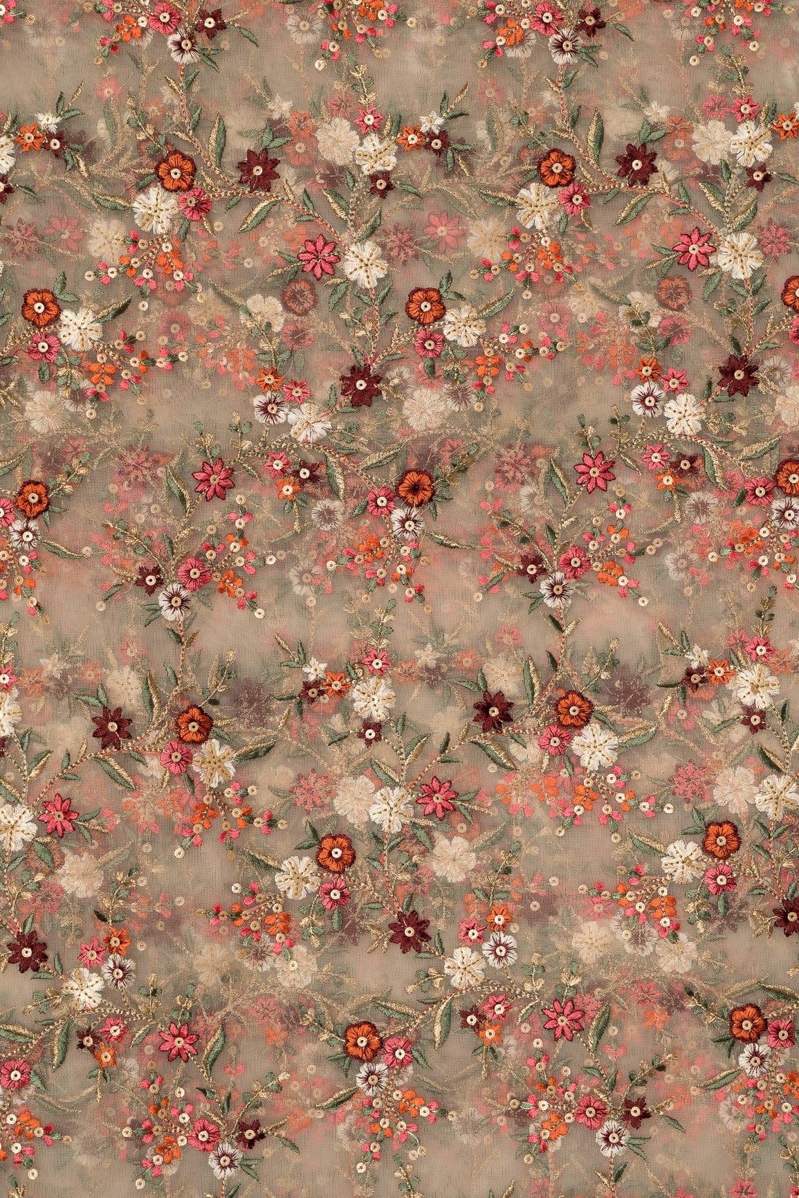 AIzaSyBcstauz-XMPRhEY21AUzeo032pxrXB5Ug - Heavy Multi Coloured Thread Embroidery On Peach Soft Net