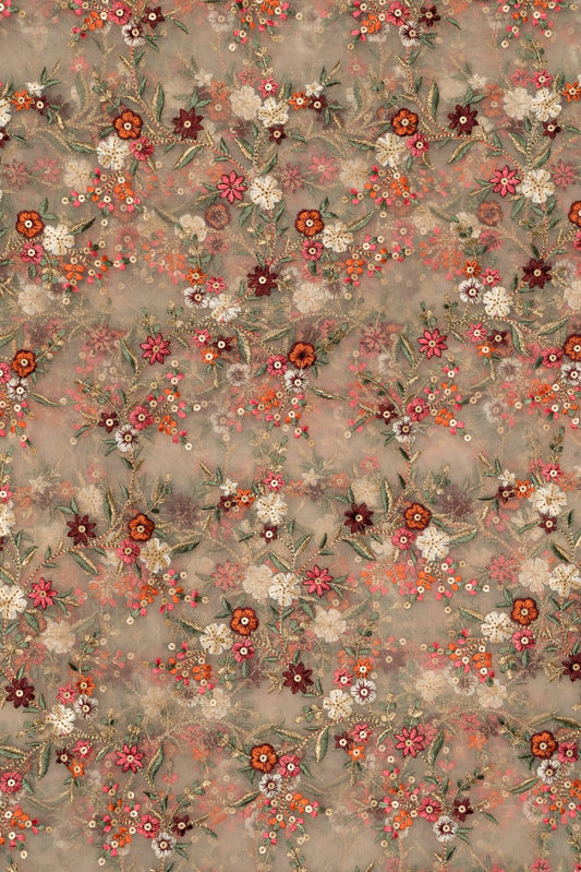 AIzaSyBcstauz-XMPRhEY21AUzeo032pxrXB5Ug - Heavy Multi Coloured Thread Embroidery On Peach Soft Net