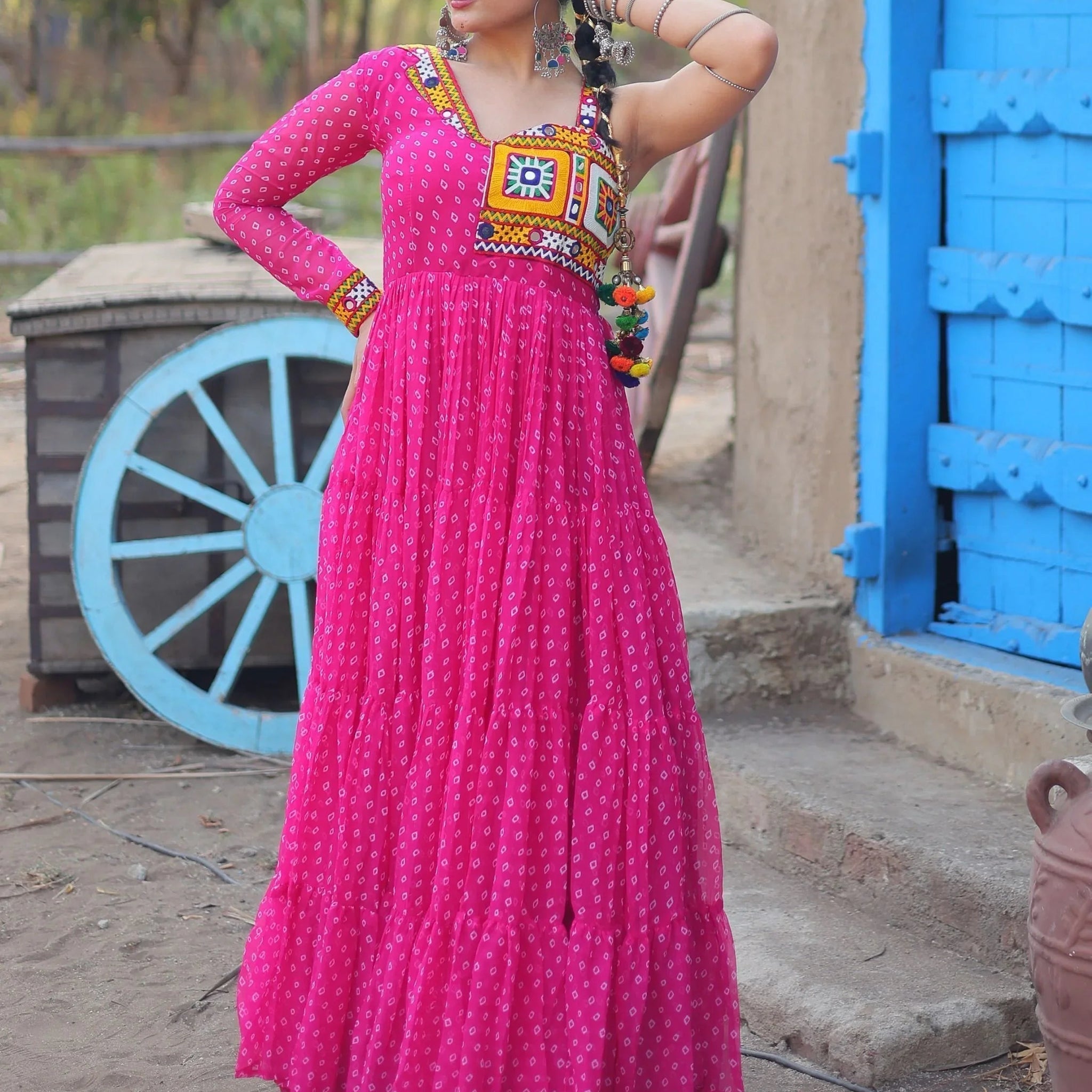 "Heritage Swirl One-Shoulder Mirror Work Fusion Gown"