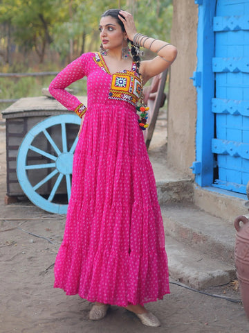 "Heritage Swirl One-Shoulder Mirror Work Fusion Gown"