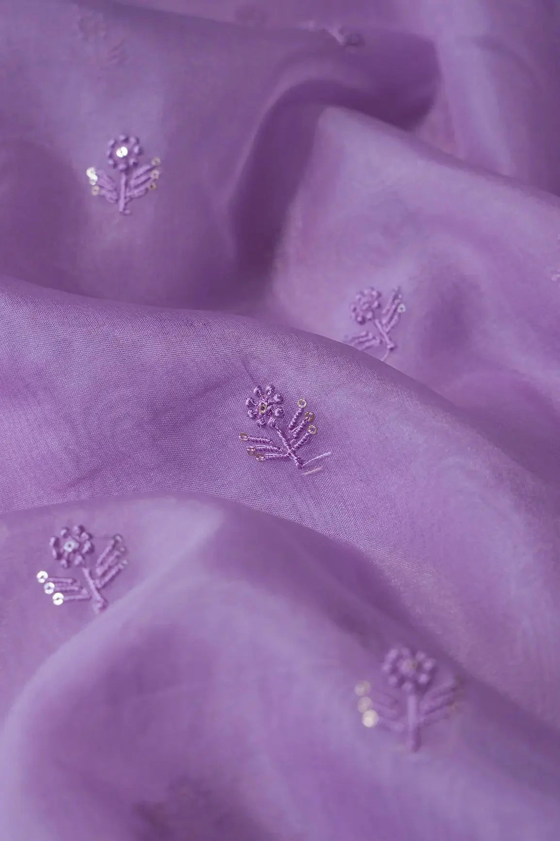 AIzaSyBcstauz-XMPRhEY21AUzeo032pxrXB5Ug - Lavender Thread With Sequins Beautiful Small Floral Motif Embroidery Work On Lavender Organza Fabric