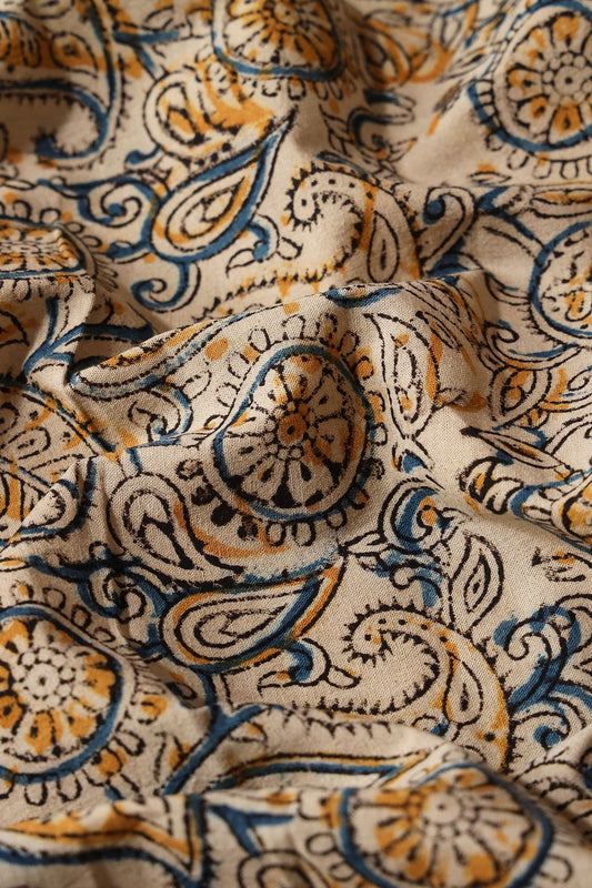 AIzaSyBcstauz-XMPRhEY21AUzeo032pxrXB5Ug - Light Beige And Blue Paisley Pattern Handblock Kalamkari Organic Cotton Fabric