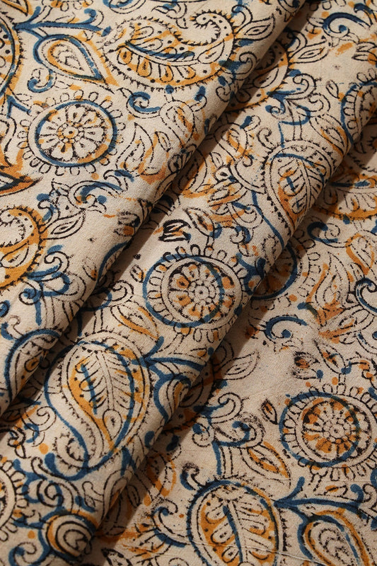 AIzaSyBcstauz-XMPRhEY21AUzeo032pxrXB5Ug - Light Beige And Blue Paisley Pattern Handblock Kalamkari Organic Cotton Fabric