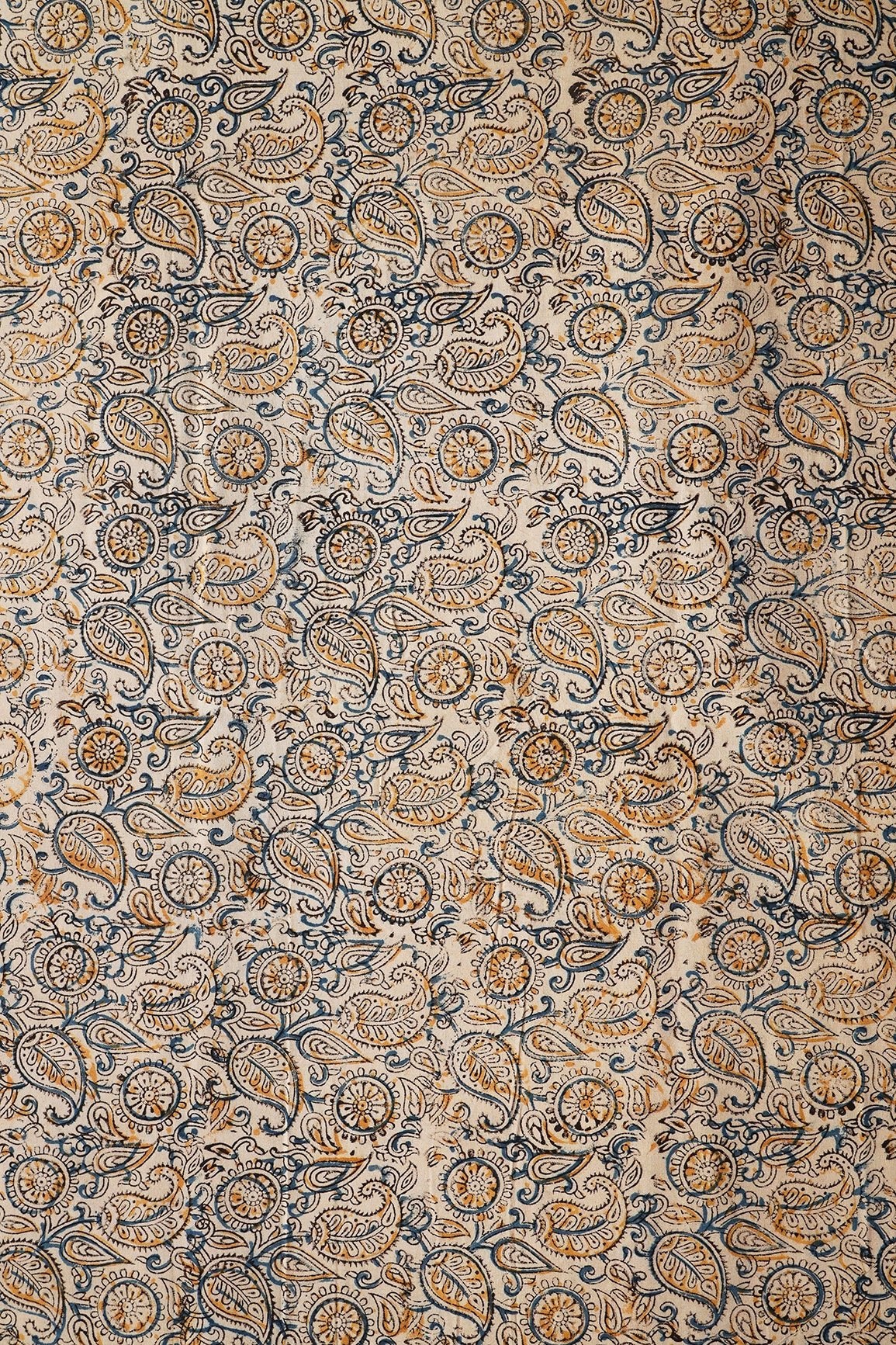 AIzaSyBcstauz-XMPRhEY21AUzeo032pxrXB5Ug - Light Beige And Blue Paisley Pattern Handblock Kalamkari Organic Cotton Fabric