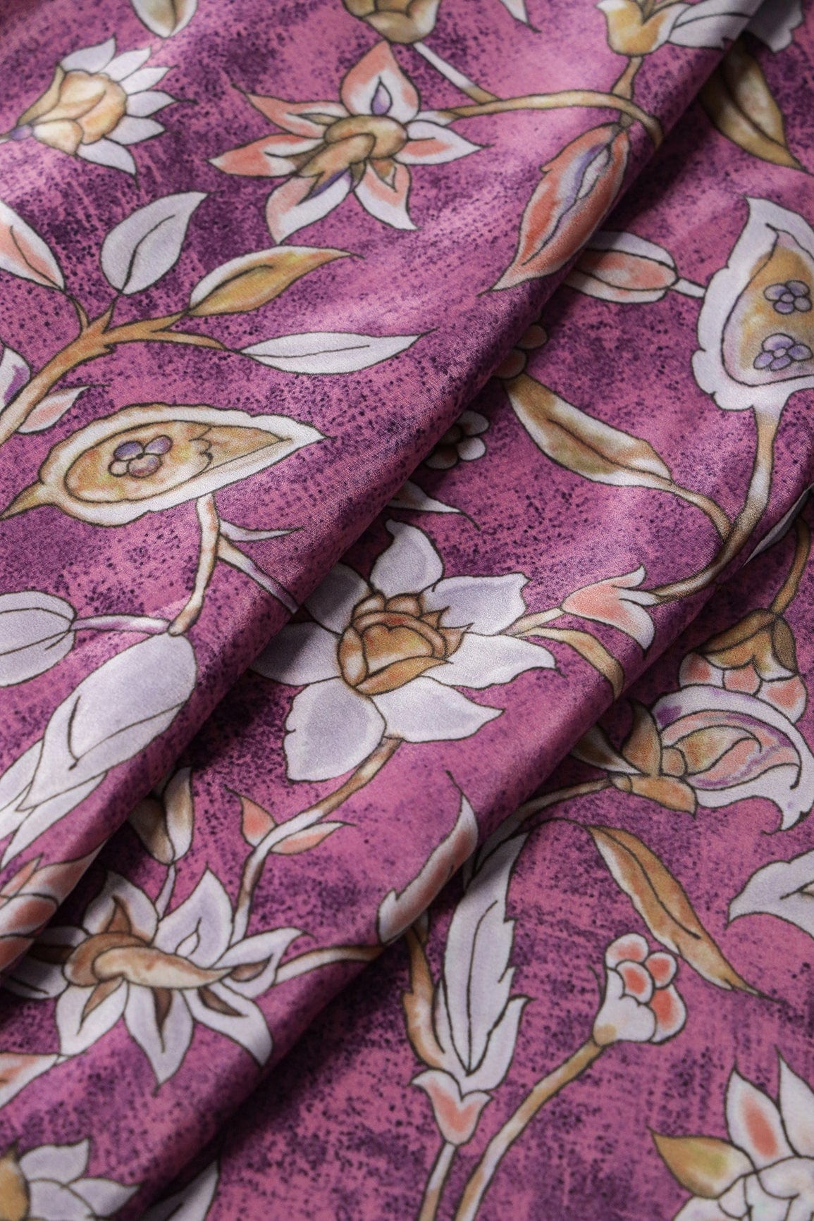 AIzaSyBcstauz-XMPRhEY21AUzeo032pxrXB5Ug - Light Grey Floral Digital Print On Orchid Purple Crepe Fabric