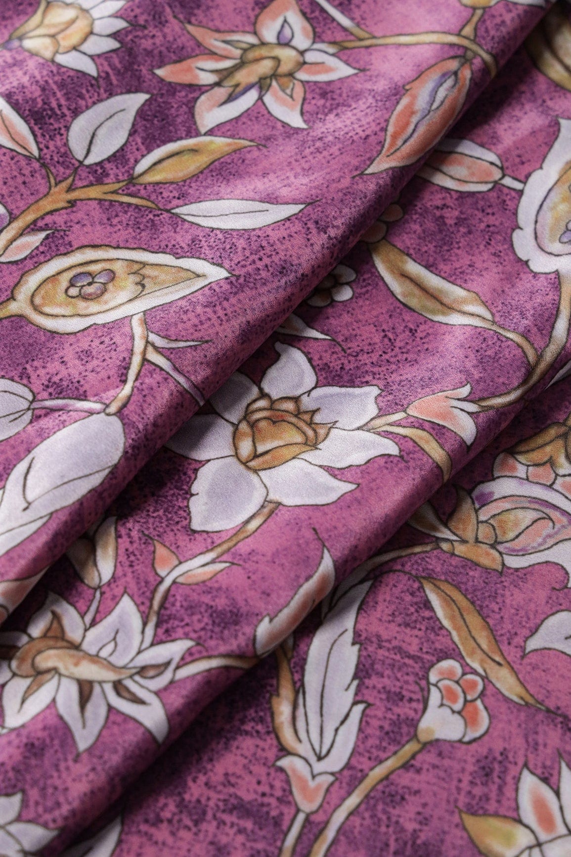 AIzaSyBcstauz-XMPRhEY21AUzeo032pxrXB5Ug - Light Grey Floral Digital Print On Orchid Purple Crepe Fabric