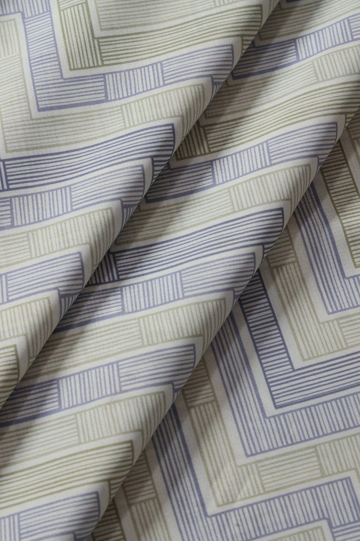 AIzaSyBcstauz-XMPRhEY21AUzeo032pxrXB5Ug - Light Olive And Slate Blue Chevron Pattern Digital Print On French Crepe Fabric