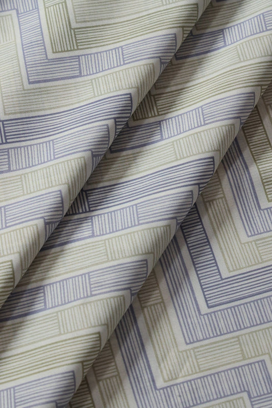AIzaSyBcstauz-XMPRhEY21AUzeo032pxrXB5Ug - Light Olive And Slate Blue Chevron Pattern Digital Print On French Crepe Fabric