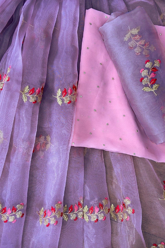 Lilac Purple And Pink Unstitched Lehenga Set Fabric (3 Piece)