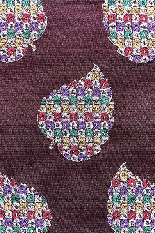 Magenta Leafy Silk Satin Jute Banarasi Jacquard Fabric