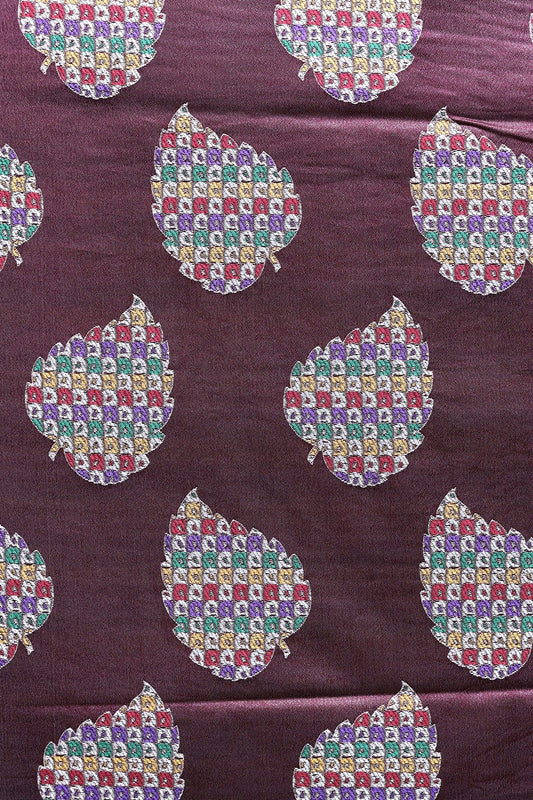 Magenta Leafy Silk Satin Jute Banarasi Jacquard Fabric