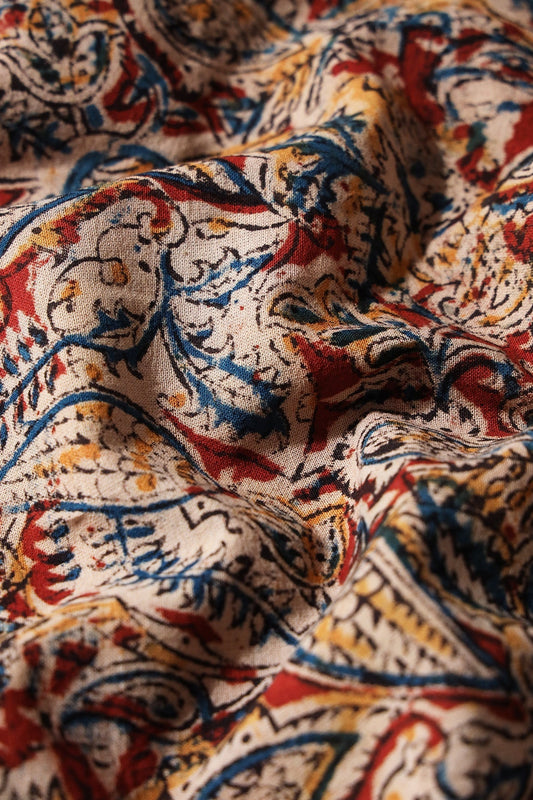 Maroon And Beige Floral Pattern Handblock Kalamkari Organic Cotton Fabric