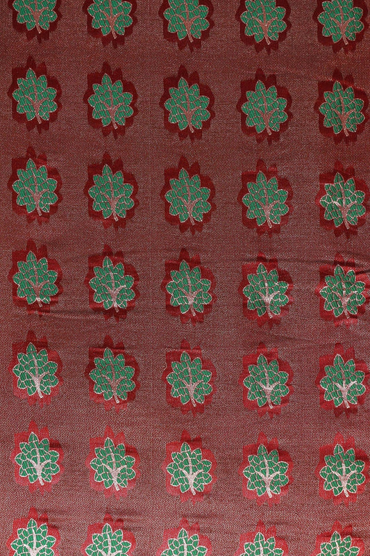 Maroon And Green Leafy Jute Banarasi Zari Jacquard Fabric