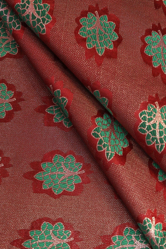 Maroon And Green Leafy Jute Banarasi Zari Jacquard Fabric