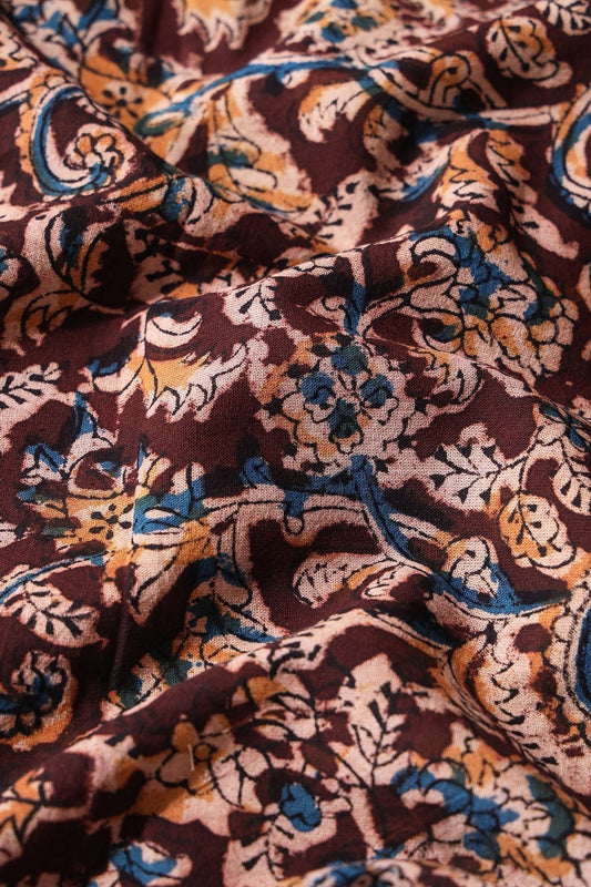 Maroon And Light Beige Paisley Pattern Handblock Kalamkari Organic Cotton Fabric