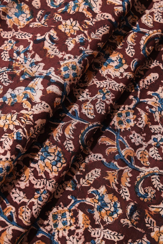 Maroon And Light Beige Paisley Pattern Handblock Kalamkari Organic Cotton Fabric