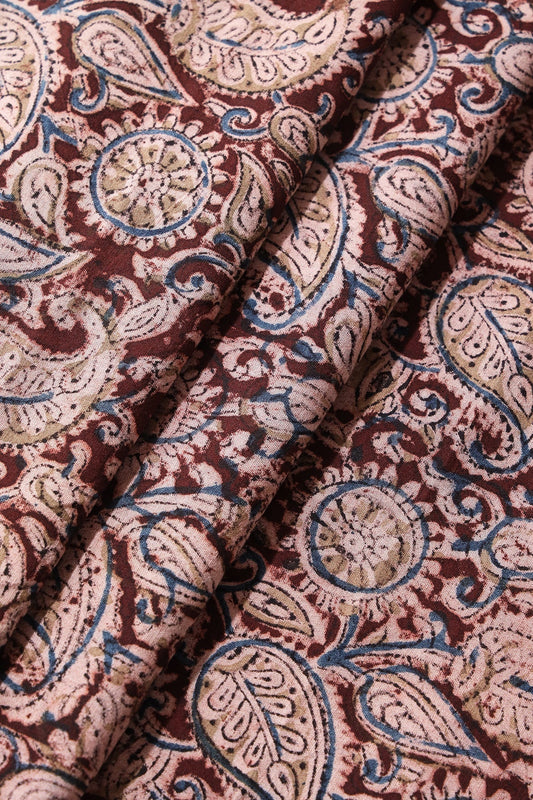 Maroon And Light Beige Paisley Pattern Handblock Kalamkari Organic Cotton Fabric